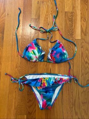 Guess Blue Multicolor Ruffle Tie-Side Bikini